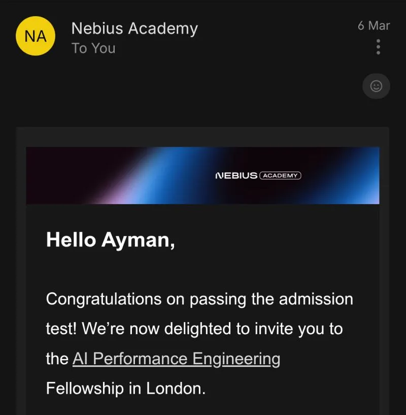 Acceptance into the Nebius Academy AI Engineering fellowship